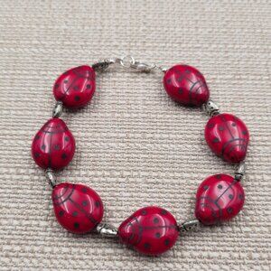 8.5 Inch Sterling Silver Handmade Glass Ladybug Bracelet B891